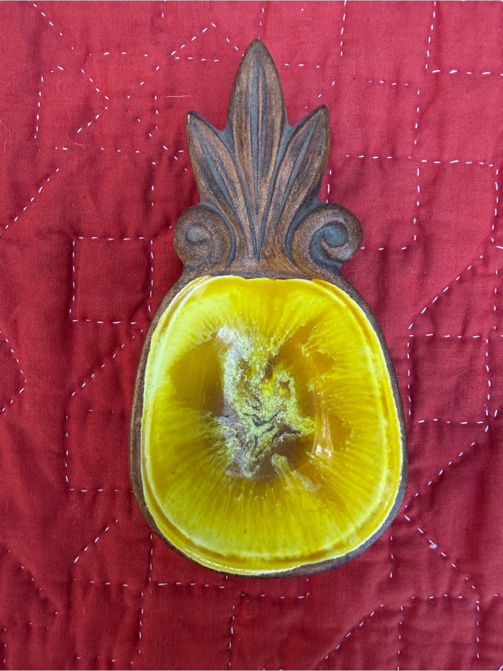 Vintage Trinket Dish Treasure Craft Hawaii 1962 Pineapple Yellow Brown Collect
